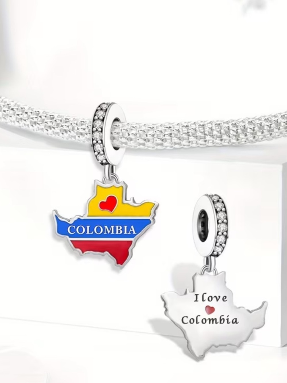 🇨🇴 Sterling Silver Colombia Map Flag Dangle Charm Red Heart